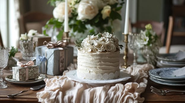 Delightful garden Birthday celebration featuring floral cakes, pastel gift wrap, vintage teaware, and soft bunting, evoking a tender, joyful birthday gathering in an English countryside garden