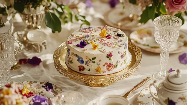 Delightful garden Birthday celebration featuring floral cakes, pastel gift wrap, vintage teaware, and soft bunting, evoking a tender, joyful birthday gathering in an English countryside garden