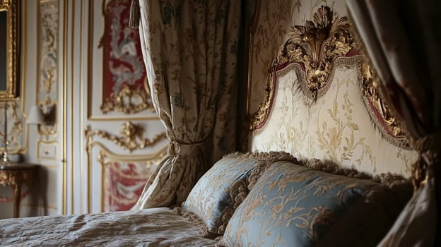 Opulent Baroque interiors with gilded four-poster beds, floral drapes, ornate furniture, and classical detailing, capturing a romantic old-world charm fit for an English noble manor