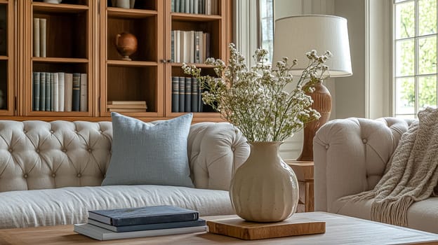 Refined English interiors with soft neutral tones, botanical art, fresh florals, classic panelled walls, and elegant furnishings for a feminine yet timeless home atmosphere