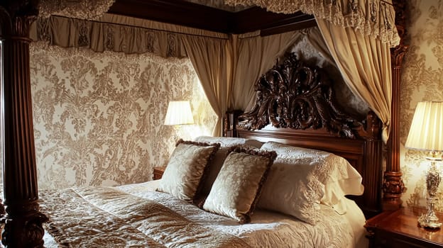 Opulent Baroque interiors with gilded four-poster beds, floral drapes, ornate furniture, and classical detailing, capturing a romantic old-world charm fit for an English noble manor