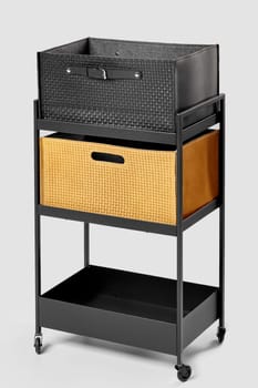 Stylish rolling cart featuring woven storage baskets, ideal for organizing home office or craft supplies