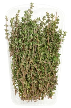 A bunch of fresh thyme in plastic packaging, ready for use in cooking