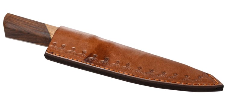 A knife with a wooden handle is inserted into a brown leather case