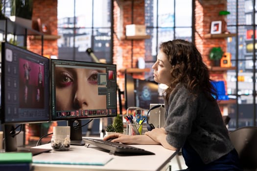 Photographer using AI program turning text prompt into photos, retouching technique. Graphic designer text to image artificial intelligence generator transforming words into pictures.