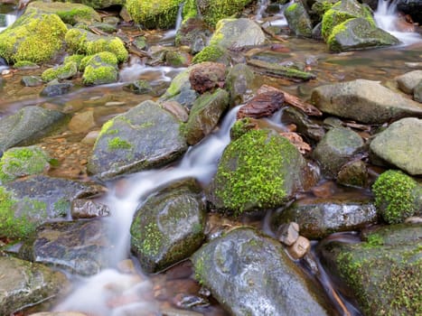 A close up of the moss covered rocks and small cascades along the Sol Duc trail in western Washington.