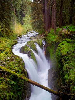 The beautiful Sol Duc Falls in the lush and beautiful Olympic National Park in western Washington.