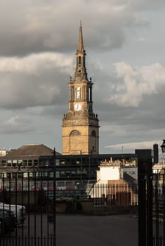 Newcastle, UK - Apr 11, 2025 - All Saints' Church or All Hallows was built in the Gothic style and is the elliptical church building with semi-octagonal tower at Lower Pilgrim Street, Newcastle upon Tyne, England, use it as your Wallpaper, Poster and Copy space, Selective focus.