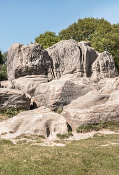 Scenery view of An unusual outcrop of natural sandstone rocks on Wellington Rocks at Tunbridge Wells Common. use it as your Wallpaper, Poster and Copy space, Selective focus.
