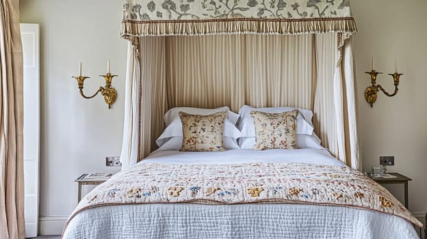 Refined English interiors with soft neutral tones, botanical art, fresh florals, classic panelled walls, and elegant furnishings for a feminine yet timeless home atmosphere