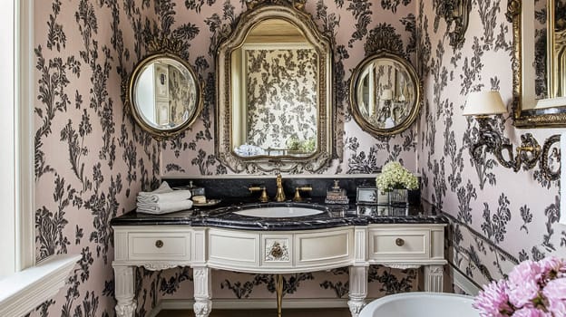 Opulent Baroque interiors with gilded four-poster beds, floral drapes, ornate furniture, and classical detailing, capturing a romantic old-world charm fit for an English noble manor