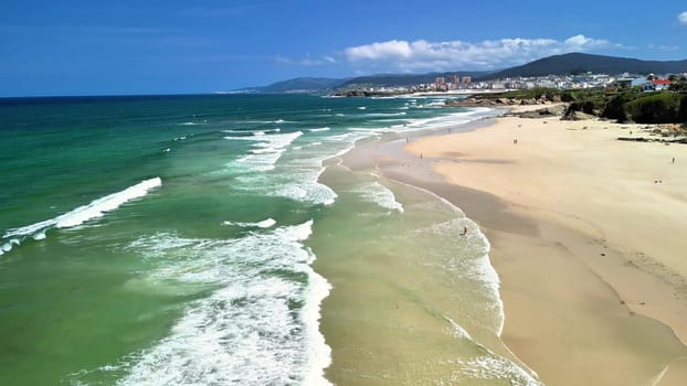 A breathtaking beach landscape showcasing rolling waves, golden sands, and a clear blue sky on a sunny day