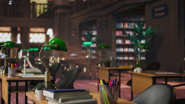 Empty inspiring library interior with heritage design and peaceful lighting, a classic academic setting. Wooden desks and bookshelves create a timeless space for literacy and intellectual pursuits.