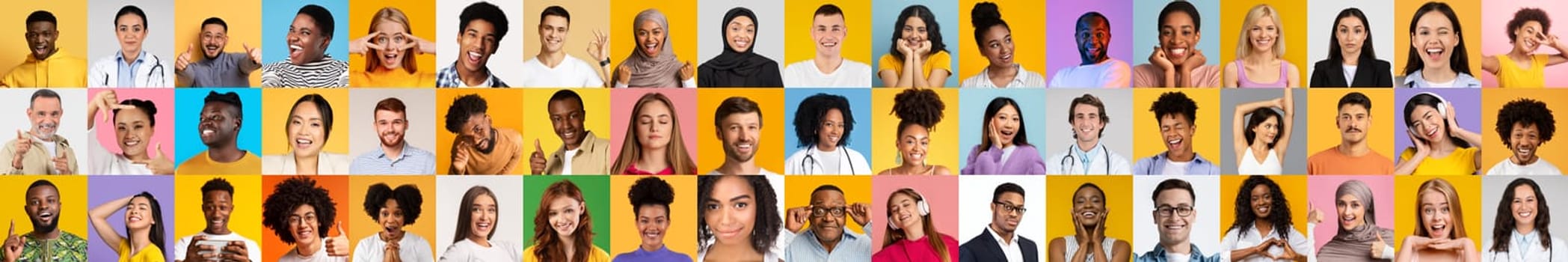 A vibrant collage features a variety of diverse individuals displaying joyful expressions. The collection highlights the beauty of diversity and human connection against colorful backgrounds.