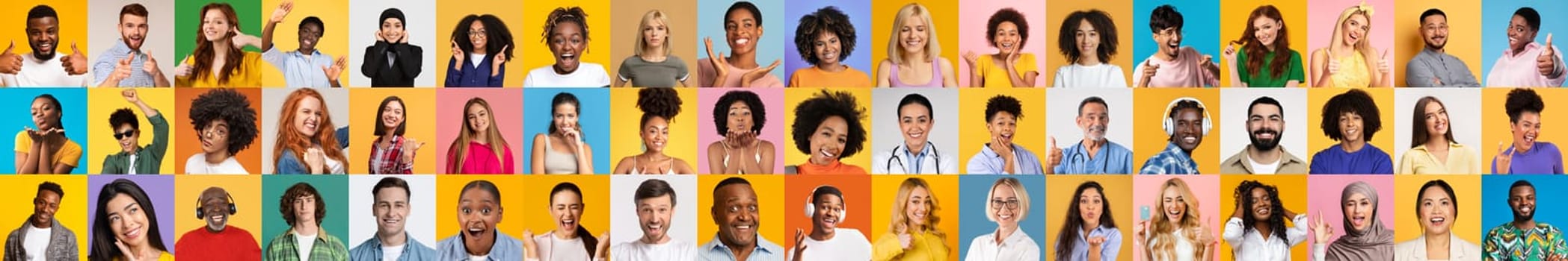 A vibrant collage displays diverse individuals from various backgrounds, highlighting their unique features and expressions against colorful backgrounds, celebrating diversity and inclusivity.