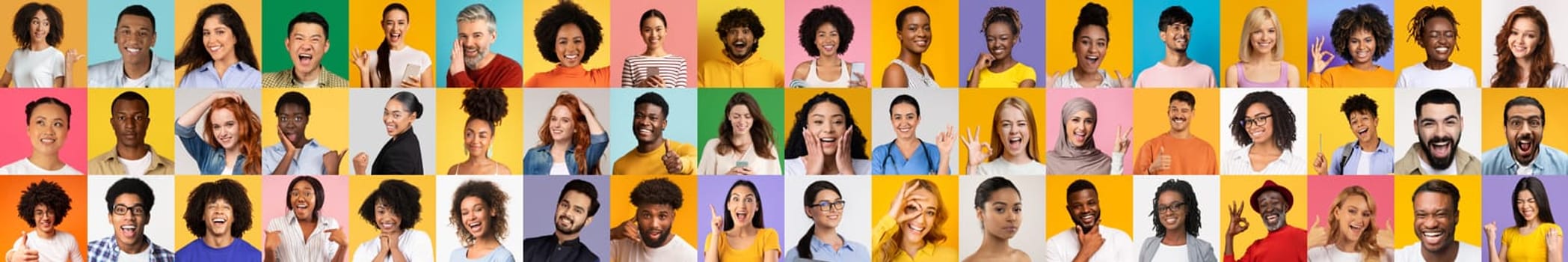 A lively collection of portraits featuring diverse individuals smiling and displaying joy against colorful backgrounds. This set captures the essence of diverse lifestyles and shared happiness.