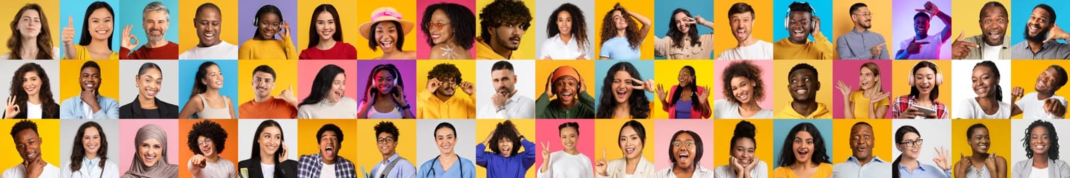 A vibrant collage features individuals of various backgrounds smiling joyfully. Each face displays a unique personality and lifestyle in bright, colorful backgrounds that celebrate diversity.