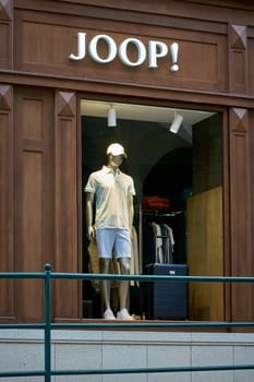 Karlovy Vary, Czech Republic – April 20, 2025: Store window of a store of the German designer Joop in the city center of Karlovy Vary in the Czech Republic