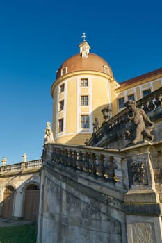 Detailed view of Moritzburg Castle with one of the towers in Moritzburg in Saxony