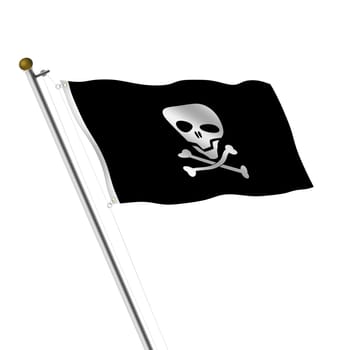 A Jolly Roger skull and cross bones pirate flagpole 3d illustration on white with clipping path