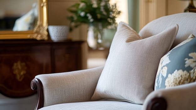 Refined English interiors with soft neutral tones, botanical art, fresh florals, classic panelled walls, and elegant furnishings for a feminine yet timeless home atmosphere