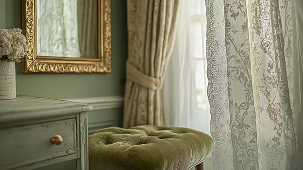 Refined English interiors with soft neutral tones, botanical art, fresh florals, classic panelled walls, and elegant furnishings for a feminine yet timeless home atmosphere