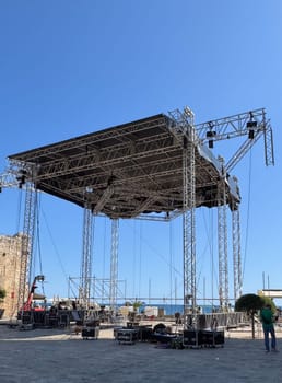 Budva, Montenegro - May 18, 2025: Outdoor stage is being prepared for Montenegro Independence Day celebration event