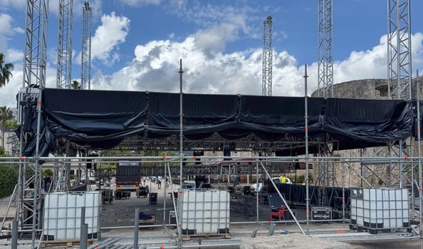 Budva, Montenegro - May 18, 2025: Stage is being prepared for Montenegro Independence Day celebration