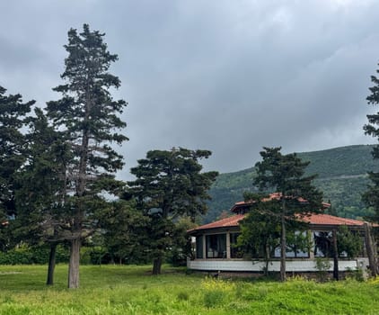 Budva, Montenegro - May 18, 2025: Picturesque view of the cafe surrounded by tall trees and mountains.