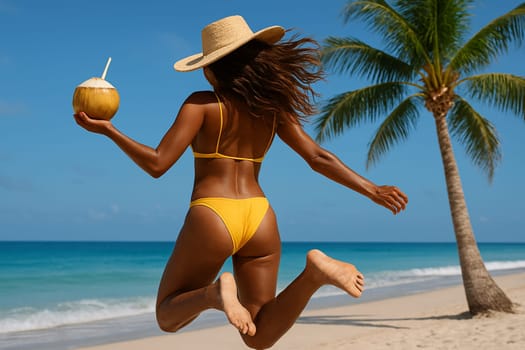 AI generated an energetic tanned woman with long hair jumping joyfully on a tropical beach in a yellow bikini, facing away from camera while holding a fresh coconut drink