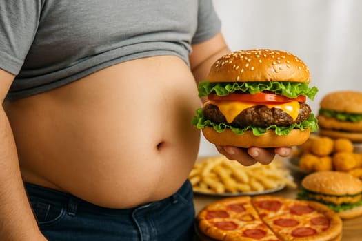 AI generated an overweight man lifting his shirt slightly revealing his belly while holding a large juicy burger with a background filled with junk food. Concept focuses on unhealthy eating