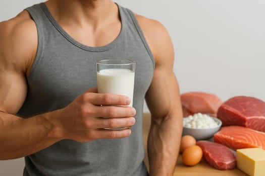 AI generated a muscular man holding a glass of milk with a background of high-protein foods like meat, eggs, and dairy. Focuses on fitness, nutrition, strength, and healthy lifestyle.