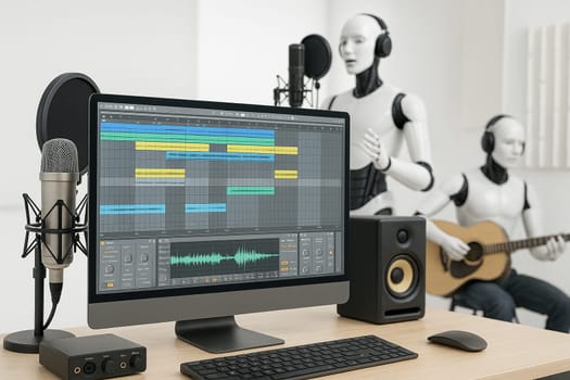 AI generated professional music studio scene featuring a computer screen with audio mixing software, microphone, musical instruments, and silhouette figures singing and playing guitar