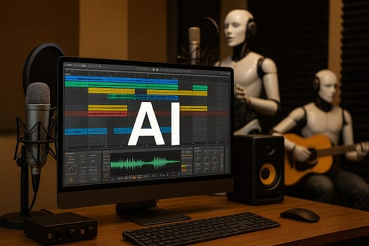 AI generated a professional music studio scene featuring a computer screen with AI mixing software, microphone, musical instruments, and background figures singing and playing guitar.