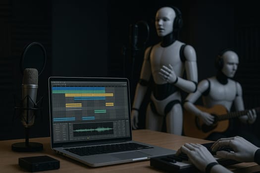 AI generated a futuristic music production scene featuring a laptop running audio mixing software, a robot playing keyboard, microphone, various instruments, with silhouette musicians playing guitar