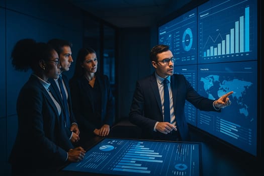 AI generated image of a corporate war room with professionals analyzing data on a large interactive touchscreen during a strategic planning session dynamic collaboration and innovative workplace