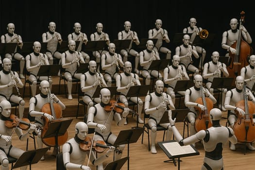 AI generated a futuristic symphony performance featuring a full orchestra of humanoid robots playing various classical instruments in an elegant concert hall setting with dramatic lighting.
