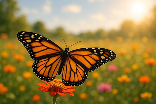 AI generated male monarch butterfly with fully spread wings perched on a vibrant flower in a bright wildflower meadow under soft morning sunlight with clear blue sky in the background