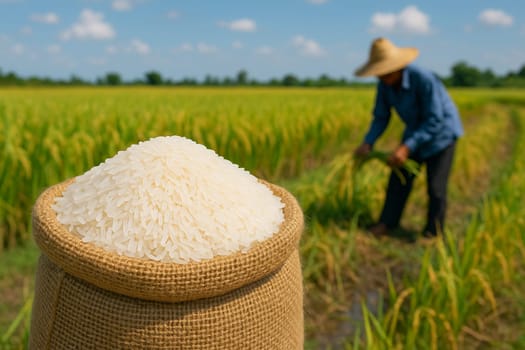 AI generated burlap sack overflowing with white rice grains against scenic backdrop of rice paddy field with farmers working under clear blue sky