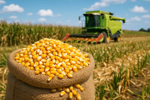 AI generated burlap sack overflowing with fresh golden corn kernels against backdrop of cornfield with harvester under bright blue sky
