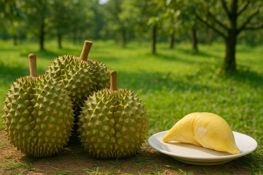 AI generated fresh durians piled with plate of peeled fruit displayed against durian orchard backdrop showing harvesters working under vibrant blue sky