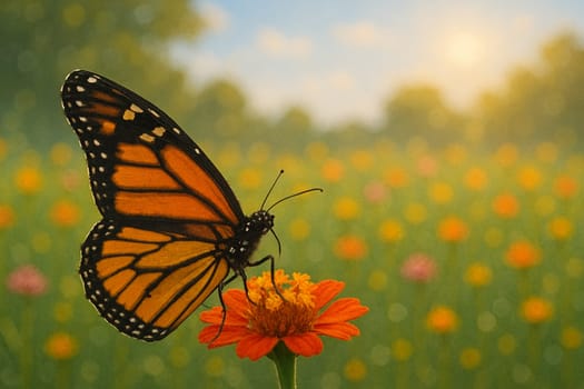 AI generated side view of a male monarch butterfly perched on a vibrant flower in a sunlit wildflower meadow with soft morning light and blue sky background