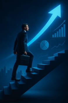 AI generated image of a man in a tailored suit climbing a glowing staircase with blue upward arrows and holographic data charts symbolizing corporate growth dramatic lighting