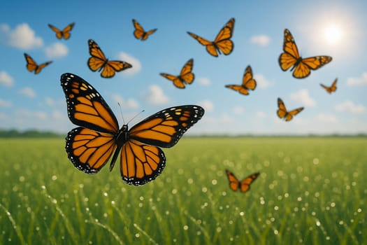 AI generated group of male monarch butterflies in flight over a glistening dewy grassland with endless fields stretching to the horizon under a vibrant blue sky