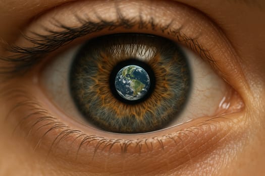 AI generated super macro close-up of a human eye focusing on the retina where a miniature planet floats suspended in the iris with intricate details