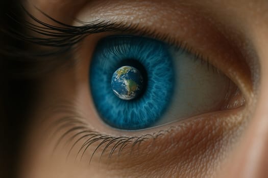 AI generated super macro side angle of a striking blue human eye focusing on the detailed retina where a miniature earth globe floats suspended in the pupil