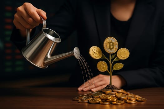AI generated professional hand in suit using sleek silver watering can to grow money tree with bitcoin, dollar and gold coin leaves planted in coin pile against illuminated stock exchange board