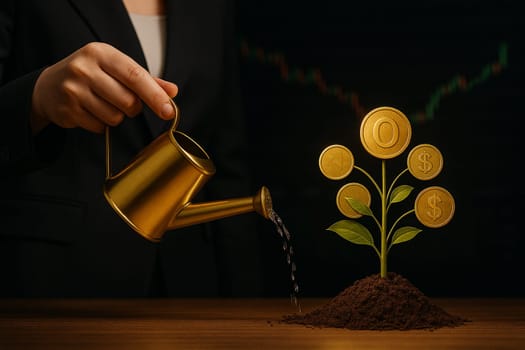 AI generated well-dressed professional using gold watering can to cultivate thriving money tree adorned with bitcoin, dollar and gold coins against glowing stock ticker backdrop
