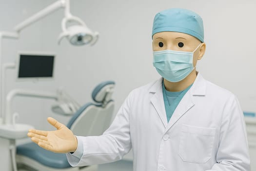 AI generated humanoid dental robot in white coat gesturing invitation in sterile dental clinic with advanced dental equipment and bright examination lights