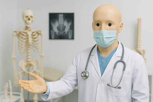AI generated humanoid orthopedic robot in medical coat gesturing invitation in bone clinic with human skeleton model and advanced orthopedic medical equipment